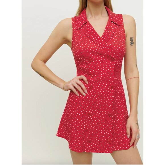 Reformation Leith Mini Dress in Red Polka Dots Collared Sleeveless Size 2 - Picture 1 of 8